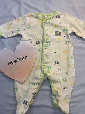 Petit Lem - Cream and Green Onesie with Elephant Motif